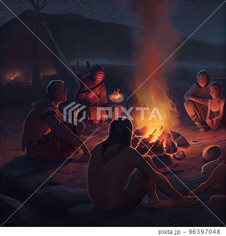 Ancient people sit around a campfire at night 96397048