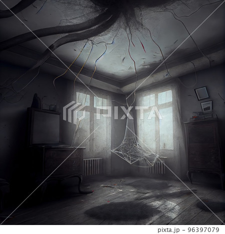 A very gloomy apartment with cobwebs on the walls 96397079