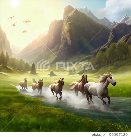 A herd of horses runs through endless fields , with green grass , mountains in the background, a mountain river 96397120