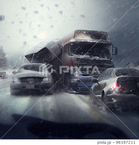 A big car accident on the highway in a snowstorm A big car accident on the highway in a snowstorm 96397211