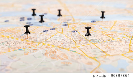 Pins on map. Trip route planning. Travelling, journey concept. Marking locations, places of interest for visiting. Pins on map. Trip route planning. Travelling, journey concept. Marking locations, places of interest for visiting. 96397364