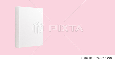 Banner with book mockup on pink background. Novel, encyclopedia, code template with empty cover. Reading leisure, education, romantic literature concept. Place for text 96397396