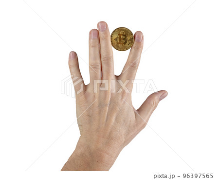 Woman hand holding bitcoin coin between fingers isolated on white background. Cryptocurrency, digital money concept 96397565