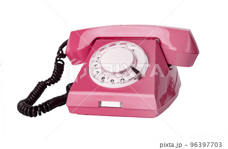 Pink retro phone isolated on white background. Telephone with rotary dial 96397703