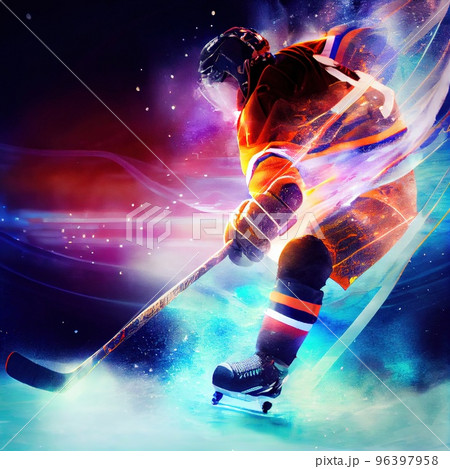 The arena of a hockey rink, a hockey player hits a hockey stick with a swing on the puck 96397958