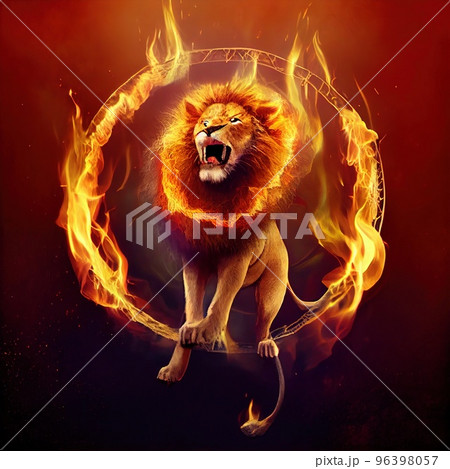 A lion in a circus jumps through a ring of fireのイラスト素材 