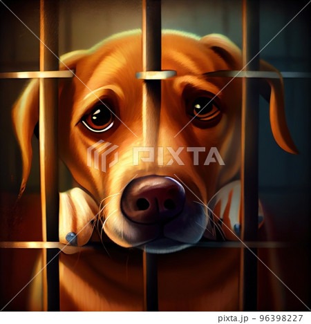 A very sad dog is sitting behind bars in a cage 96398227