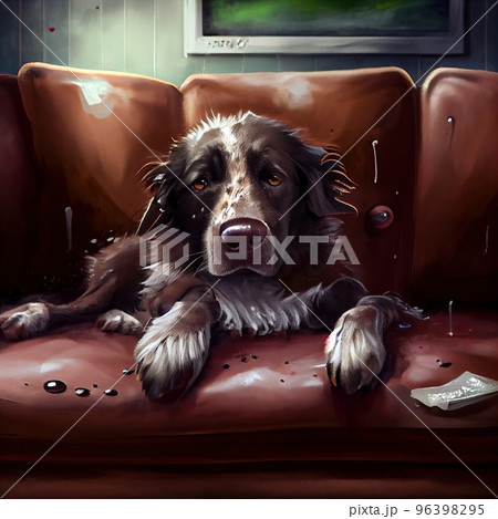 A dog wet after the rain with dirty paws jumped on the sofa and lies contented A dog wet after the rain with dirty paws jumped on the sofa and lies contented 96398295