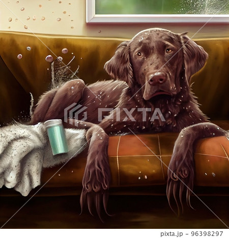 A dog wet after the rain with dirty paws jumped on the sofa and lies contented A dog wet after the rain with dirty paws jumped on the sofa and lies contented 96398297