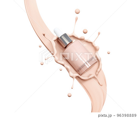 Blank cosmetics skincare product or packaging for mock up. Liquid makeup foundation bottle with cosmetic cream splash. Cosmetic product template. Dropper for branding in liquid splash. Blank label for 96398889