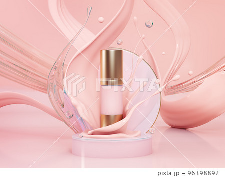 Pink make up liquid foundation cream cosmetics bottle on splashing cosmetic liquid, advertising. Moisturizing toner, Isolated, 3d rendering; 96398892