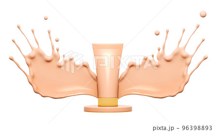 Makeup bottle of cosmetics with liquid foundation with splashes of cosmetic liquid, advertising. Moisturizing tonic, cream, advertising; 3D visualization; 96398893