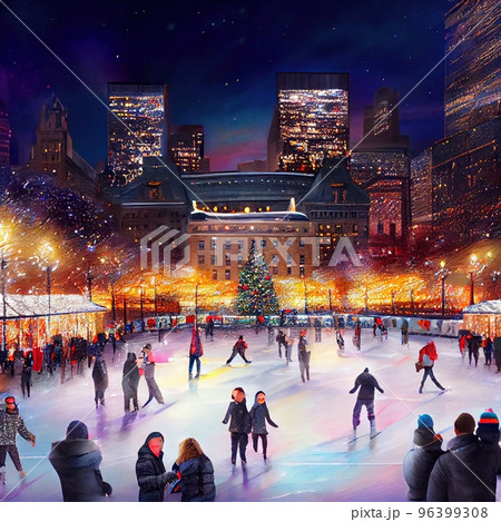 Winter skating rink decorated for Christmas, evening, people ride on ice skates, against background of megapolis and Christmas tree Winter skating rink decorated for Christmas, evening, people ride on ice skates, against background of megapolis and Christmas tree 96399308
