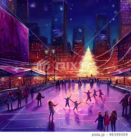 Winter skating rink decorated for Christmas, evening, people ride on ice skates, against background of megapolis and Christmas tree Winter skating rink decorated for Christmas, evening, people ride on ice skates, against background of megapolis and Christmas tree 96399309