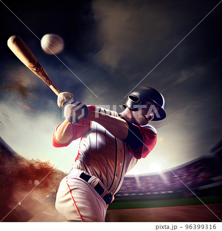 Baseball player hits the ball with a bat directly into the frame, motion effect 96399316