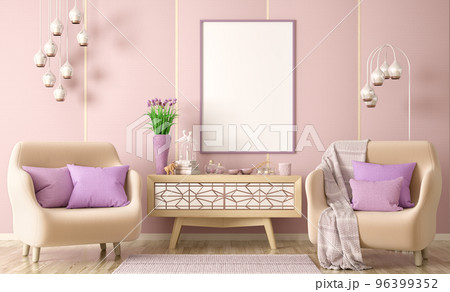 Interior design of modern living room with two armchairs, cabinet with decor and frame, 3d renderin Interior design of modern living room with two armchairs, cabinet with decor and frame, 3d renderin 96399352