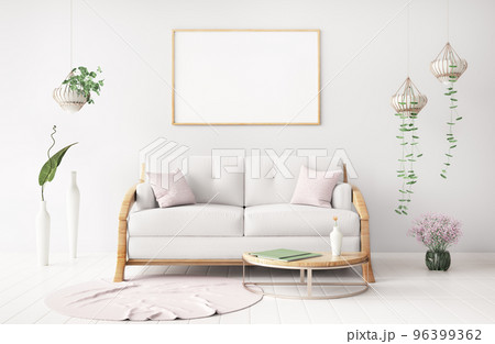 Modern living room interior design with sofa and plant, poster frame mockup on the wall, white sofa with poster, 3d rendering 96399362