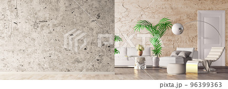 Modern interior design with sofa, coffee table, floor lamp and concrete wall. Modern living room in a classic house. 3d rendering Modern interior design with sofa, coffee table, floor lamp and concrete wall. Modern living room in a classic house. 3d rendering 96399363