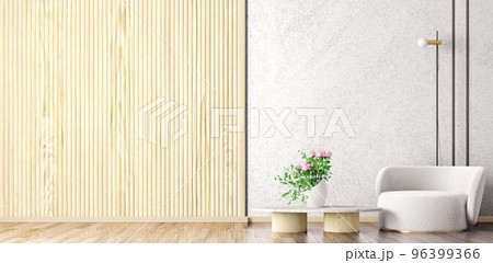Living room interior with coffee table, bouquet of flowers, wood and concrete wall, floor lamp and white armchair. 3d rendering 96399366