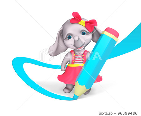 Funny girl elephant character draws with big pencil 3d rendering 96399486