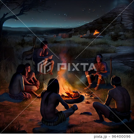 Ancient people sit around a campfire at night Ancient people sit around a campfire at night 96400096