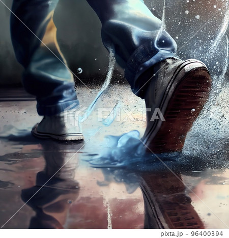 A person stepping into a puddle from which spray is flying, close-up on the leg A person stepping into a puddle from which spray is flying, close-up on the leg 96400394