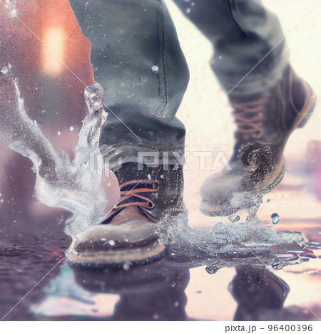 A person stepping into a puddle from which spray is flying, close-up on the leg A person stepping into a puddle from which spray is flying, close-up on the leg 96400396