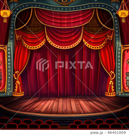 Cartoon theater stage with red curtains 96401009