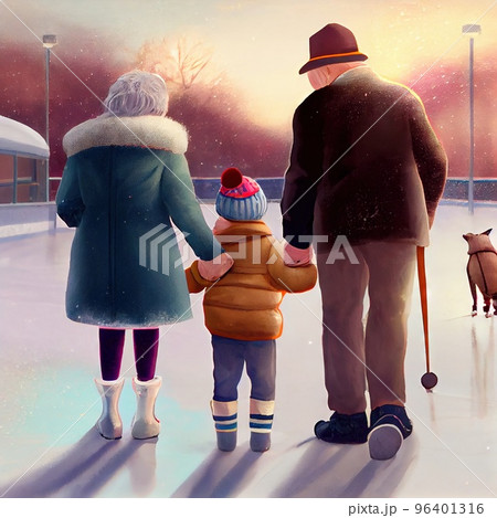 Grandma and grandpa teach the kid to skate, a view from the back Grandma and grandpa teach the kid to skate, a view from the back 96401316