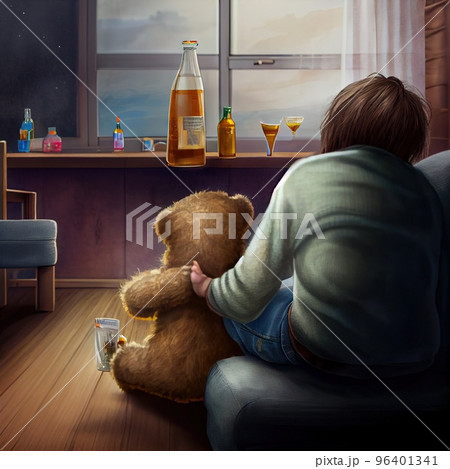 Dad and mom are drinking alcohol at home, a sad child is sitting on the couch with a teddy bear, a view from the back of the child Dad and mom are drinking alcohol at home, a sad child is sitting on the couch with a teddy bear, a view from the back of the child 96401341