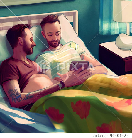 A pregnant gay man is lying on a couch in the maternity ward, his husband is holding his hand A pregnant gay man is lying on a couch in the maternity ward, his husband is holding his hand 96401422