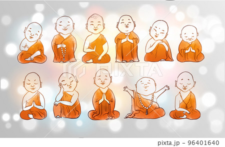 Little meditating buddhist monks in orange robes on white glowing background. Little meditating buddhist monks in orange robes on white glowing background. 96401640