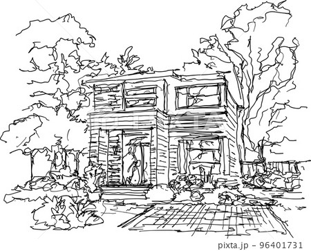 hand drawn architectural sketch of beautiful modern detached village house with garden  and trees 96401731