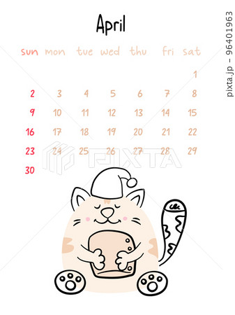 Vertical vector calendar for april 2023 with cartoon cat. Funny hand drawn pet wearing a cap with a pillow in paws.  Week starts on Sunday. For size a4,a5,a3. 96401963