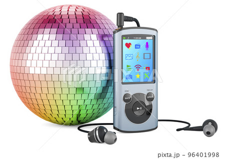 Digital audio player with mirror disco ball, 3D rendering 96401998