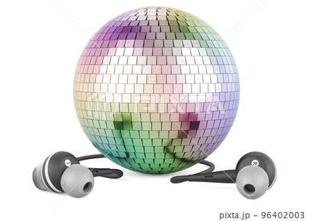 Earphones with mirror disco ball, 3D rendering Earphones with mirror disco ball, 3D rendering 96402003