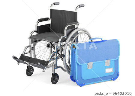 Inclusive education concept. Wheelchair with schoolbag. 3D rendering 96402010