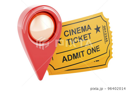 Map pointer with cinema tickets, 3D rendering Map pointer with cinema tickets, 3D rendering 96402014