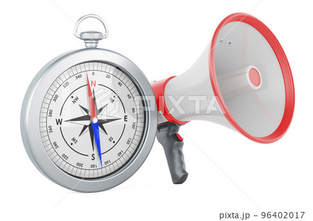 Megaphone with compass. 3D rendering Megaphone with compass. 3D rendering 96402017