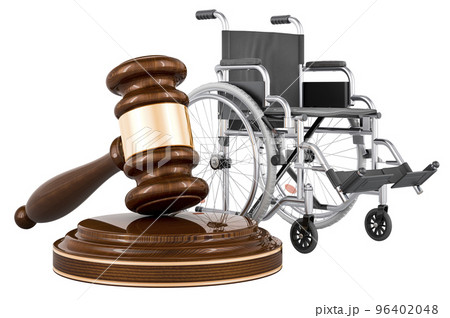 Wheelchair with wooden gavel, 3D rendering Wheelchair with wooden gavel, 3D rendering 96402048