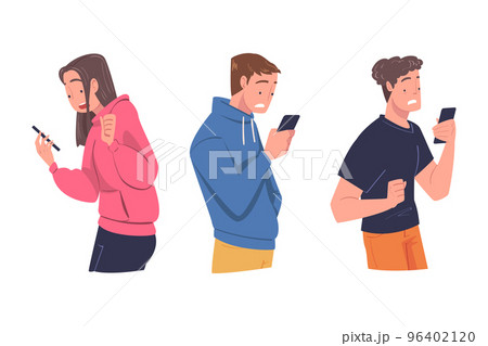 Man and Woman Character with Smartphone Reading Shock Content or News Vector Set Man and Woman Character with Smartphone Reading Shock Content or News Vector Set 96402120