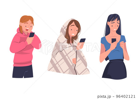 Woman Character with Smartphone Reading Shock Content or News Vector Set Woman Character with Smartphone Reading Shock Content or News Vector Set 96402121
