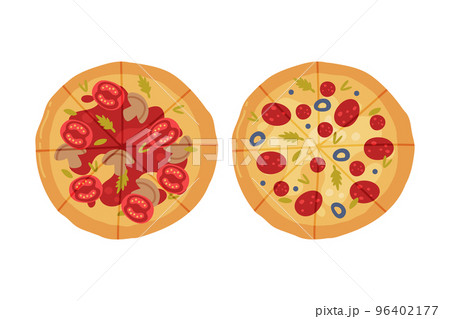 Appetizing Italian Pizza as Round Hot Dough Topped with Tomato and Mushroom Above View Vector Set 96402177