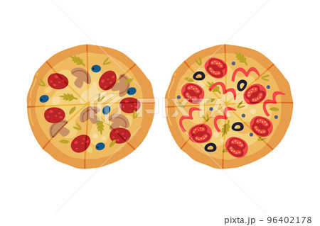 Appetizing Italian Pizza as Round Hot Dough Topped with Tomato and Mushroom Above View Vector Set Appetizing Italian Pizza as Round Hot Dough Topped with Tomato and Mushroom Above View Vector Set 96402178