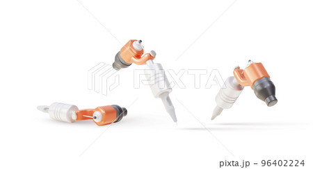 3d set Realistic tattoo machine with orange metal elements on white background. Vector illustration. 96402224
