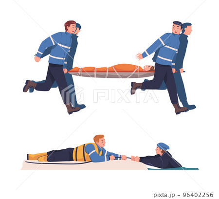 Rescue and Life Saving Emergency Operation with Man Carrying Victim on Stretcher and Pulling from Water Vector Set Rescue and Life Saving Emergency Operation with Man Carrying Victim on Stretcher and Pulling from Water Vector Set 96402256