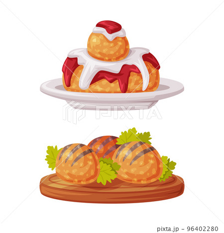 Food and Cuisine of Romania with Traditional Dish on Wooden Board and Plate Vector Set 96402280
