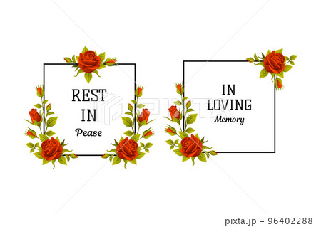 Funeral Red Rose Frame with Quote and Inscription Vector Set 96402288