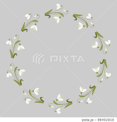 card Round frame with white snowdrop flowers with leaves. Vector illustration. Spring card, decoration, napkin for design, postcards, decor and decoration, print card Round frame with white snowdrop flowers with leaves. Vector illustration. Spring card, decoration, napkin for design, postcards, decor and decoration, print 96402810