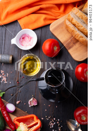 cooking classic spanish raw eating cold soup Gazpacho. top focus.  food recipe. healthy concept. 96403173